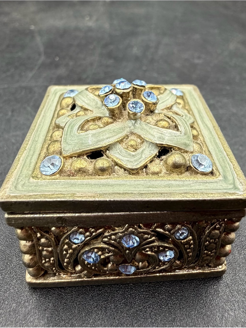Heavy Gold tone Metal Square Enamel Rhinestone 3.25" Floral Ring Box